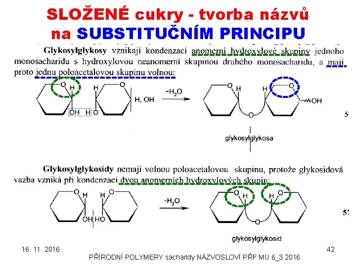 SLOŽENÉ cukry - tvorba názvů na SUBSTITUČNÍM PRINCIPU 16. 11. 2016 42 PŘÍRODNÍ POLYMERY