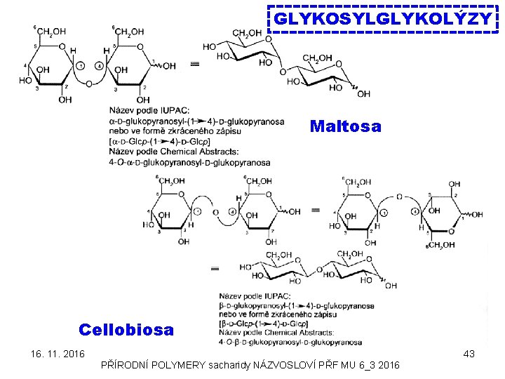 GLYKOSYLGLYKOLÝZY Maltosa Cellobiosa 16. 11. 2016 43 PŘÍRODNÍ POLYMERY sacharidy NÁZVOSLOVÍ PŘF MU 6_3