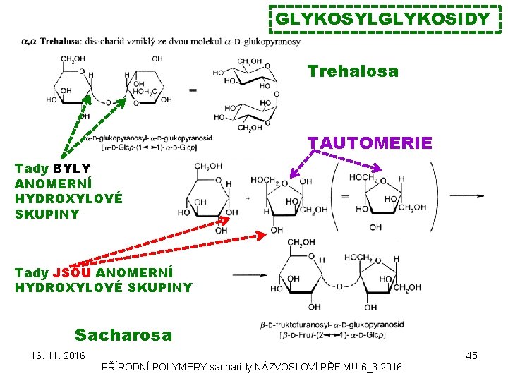 GLYKOSYLGLYKOSIDY Trehalosa TAUTOMERIE Tady BYLY ANOMERNÍ HYDROXYLOVÉ SKUPINY Tady JSOU ANOMERNÍ HYDROXYLOVÉ SKUPINY Sacharosa