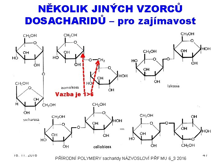 NĚKOLIK JINÝCH VZORCŮ DOSACHARIDŮ – pro zajímavost Vazba je 1>6 16. 11. 2016 PŘÍRODNÍ