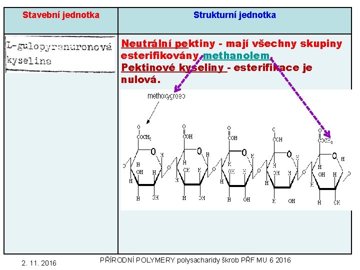 Stavební jednotka Strukturní jednotka Neutrální pektiny - mají všechny skupiny esterifikovány methanolem. Pektinové kyseliny