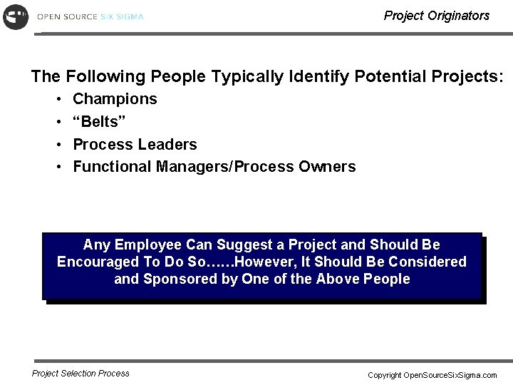 Project Originators The Following People Typically Identify Potential Projects: • • Champions “Belts” Process