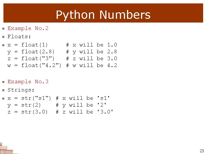Python Numbers n n n Example No. 2 Floats: x = float(1) # x