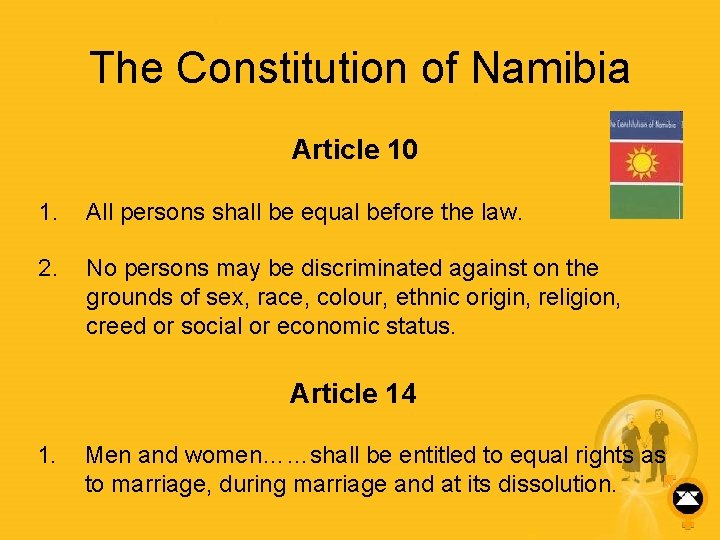 The Constitution of Namibia Article 10 1. All persons shall be equal before the