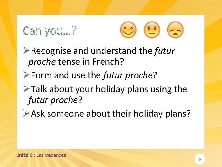 ØRecognise and understand the futur proche tense in French? ØForm and use the futur ØRecognise and understand the futur proche tense in French? ØForm and use the futur