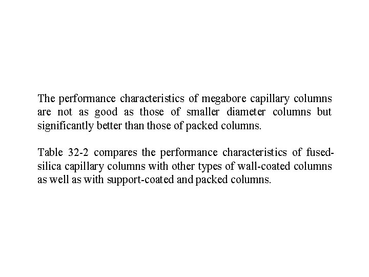 The performance characteristics of megabore capillary columns are not as good as those of