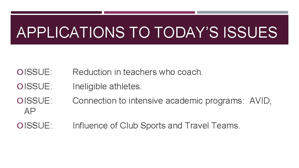 APPLICATIONS TO TODAY’S ISSUE: Reduction in teachers who coach. ISSUE: Ineligible athletes. ISSUE: Connection