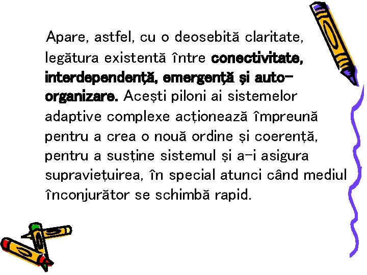 Apare, astfel, cu o deosebită claritate, legătura existentă între conectivitate, interdependenţă, emergenţă şi auto–