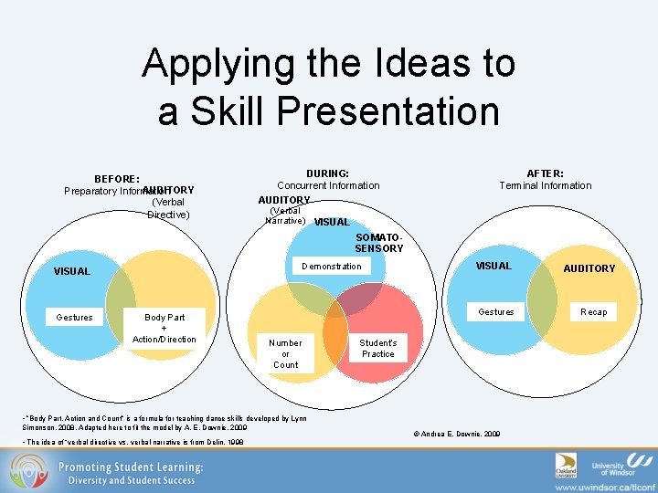 Applying the Ideas to a Skill Presentation BEFORE: AUDITORY Preparatory Information (Verbal Directive) DURING: