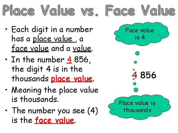 Place Value vs. Face Value • Each digit in a number has a place