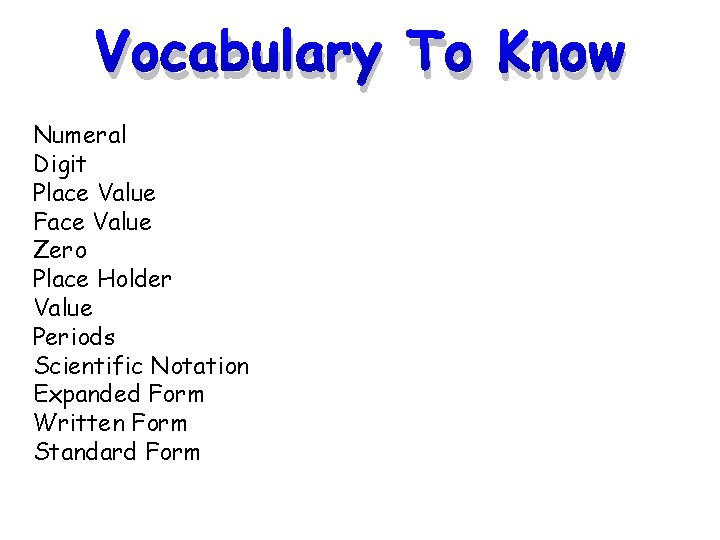 Vocabulary To Know Numeral Digit Place Value Face Value Zero Place Holder Value Periods