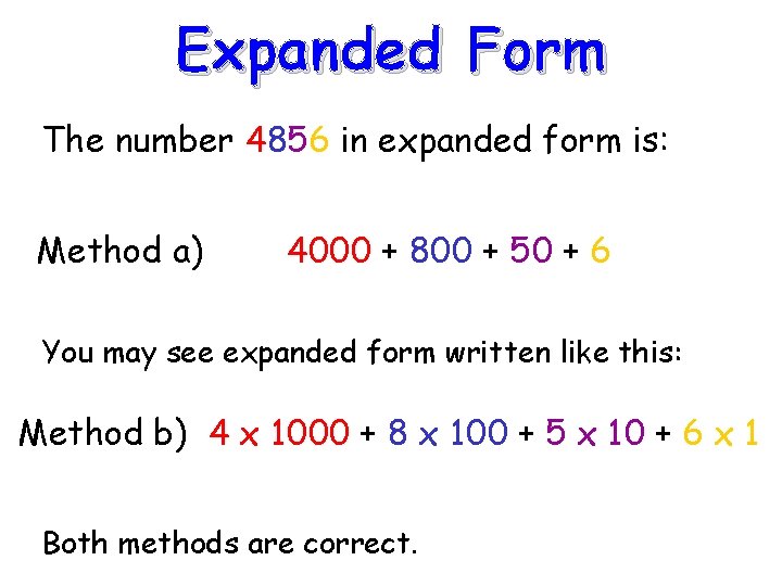 Expanded Form The number 4856 in expanded form is: Method a) 4000 + 800