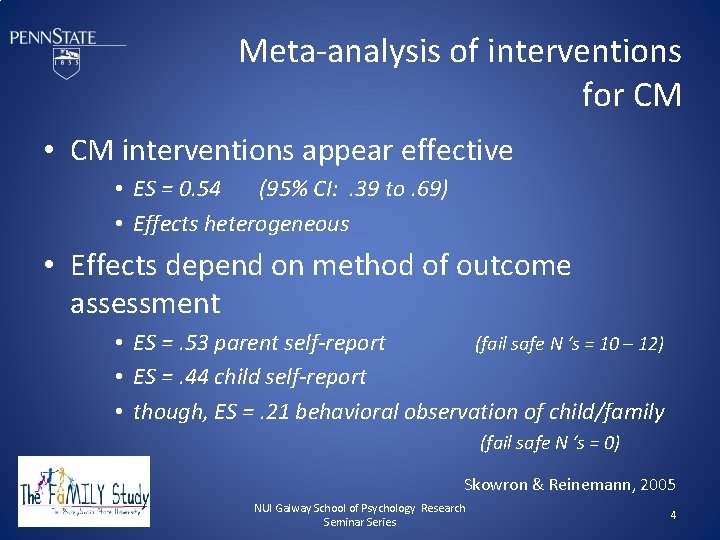 Meta-analysis of interventions for CM • CM interventions appear effective • ES = 0.