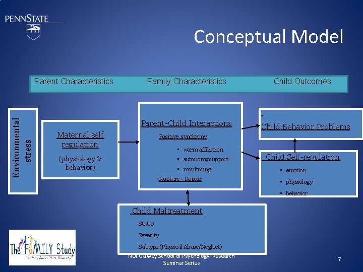 Conceptual Model Environmental stress Parent Characteristics Family Characteristics Parent-Child Interactions Maternal self regulation Child