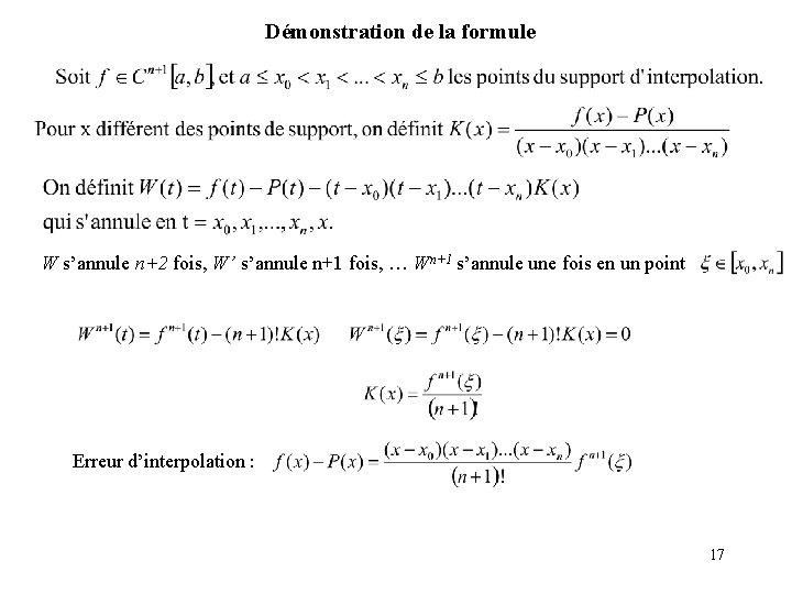 Démonstration de la formule W s’annule n+2 fois, W’ s’annule n+1 fois, … Wn+1