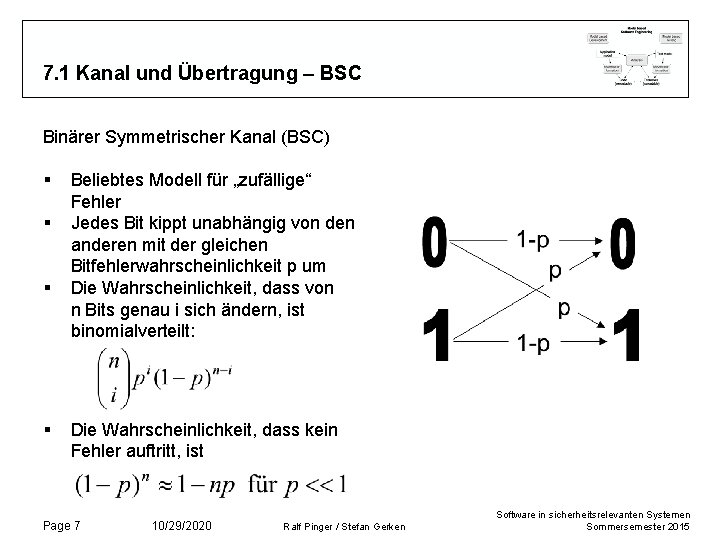 7. 1 Kanal und Übertragung – BSC Binärer Symmetrischer Kanal (BSC) § § Beliebtes