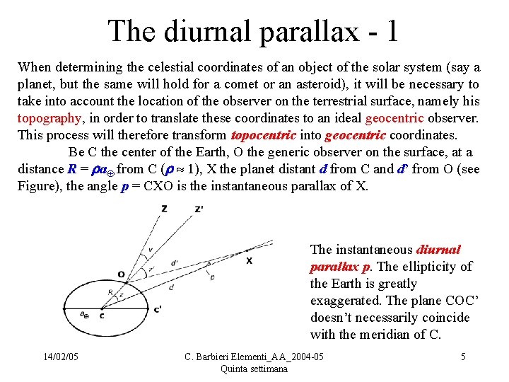 The diurnal parallax - 1 When determining the celestial coordinates of an object of
