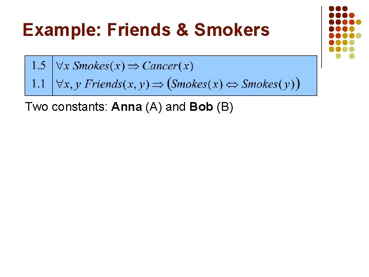 Example: Friends & Smokers Two constants: Anna (A) and Bob (B) 