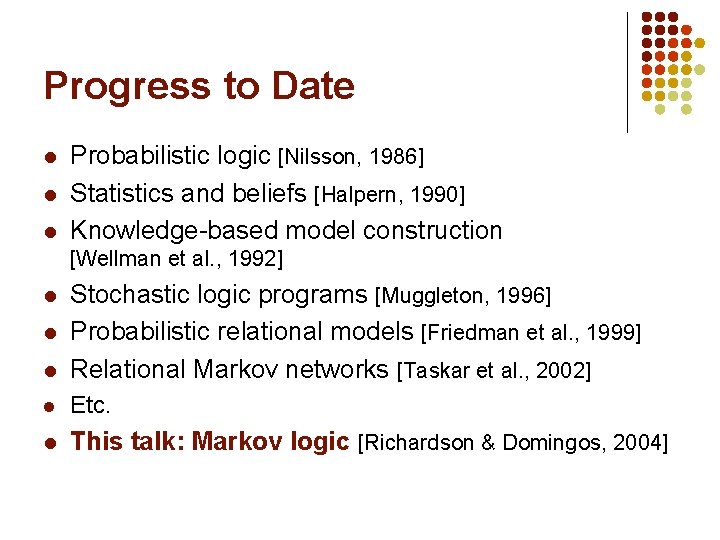 Progress to Date l l l Probabilistic logic [Nilsson, 1986] Statistics and beliefs [Halpern,