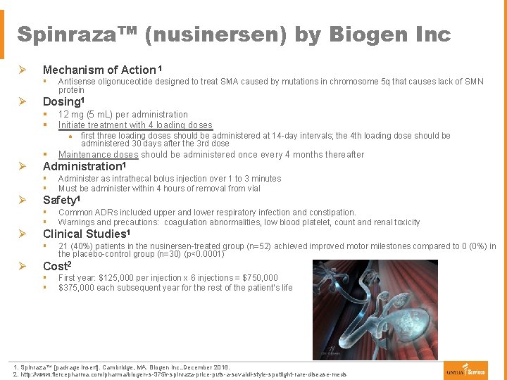 Spinraza™ (nusinersen) by Biogen Inc Ø Mechanism of Action 1 § Ø Antisense oligonuceotide