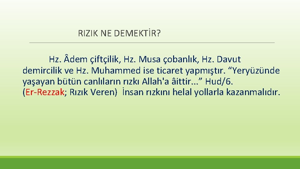  RIZIK NE DEMEKTİR? Hz. dem çiftçilik, Hz. Musa çobanlık, Hz. Davut demircilik ve