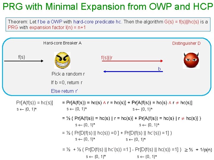 PRG with Minimal Expansion from OWP and HCP Theorem: Let f be a OWP
