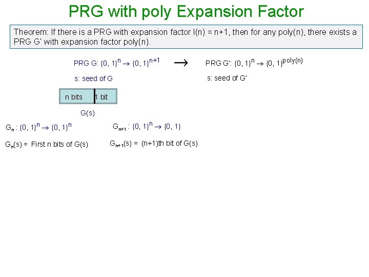 PRG with poly Expansion Factor Theorem: If there is a PRG with expansion factor