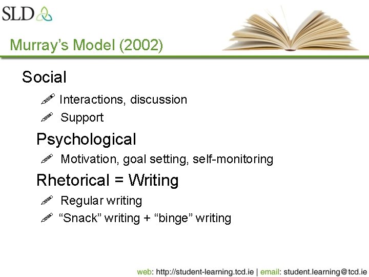 Murray’s Model (2002) Social ! Interactions, discussion ! Support Psychological ! Motivation, goal setting,