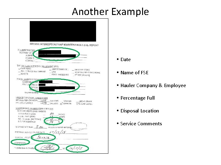 Another Example Date Name of FSE Hauler Company & Employee Percentage Full Disposal Location