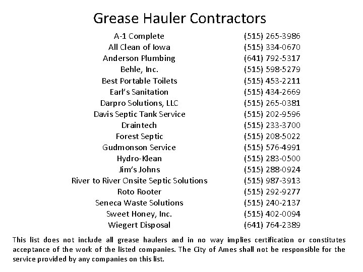 Grease Hauler Contractors A-1 Complete All Clean of Iowa Anderson Plumbing Behle, Inc. Best