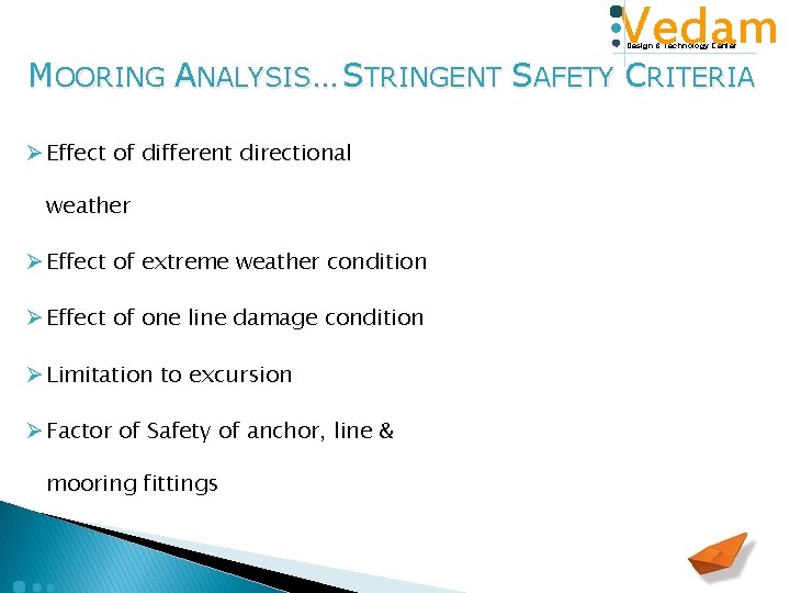 Vedam Design & Technology Center MOORING ANALYSIS… STRINGENT SAFETY CRITERIA Ø Effect of different