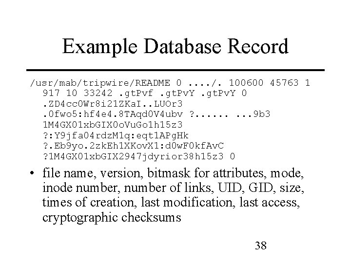 Example Database Record /usr/mab/tripwire/README 0. . /. 100600 45763 1 917 10 33242. gt.