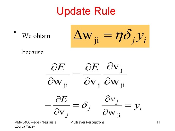 Update Rule • We obtain because PMR 5406 Redes Neurais e Lógica Fuzzy Multilayer