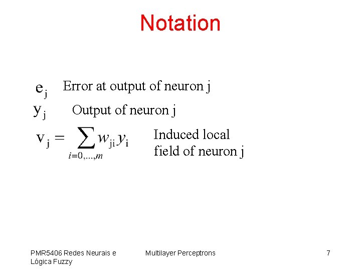 Notation Error at output of neuron j Output of neuron j Induced local field