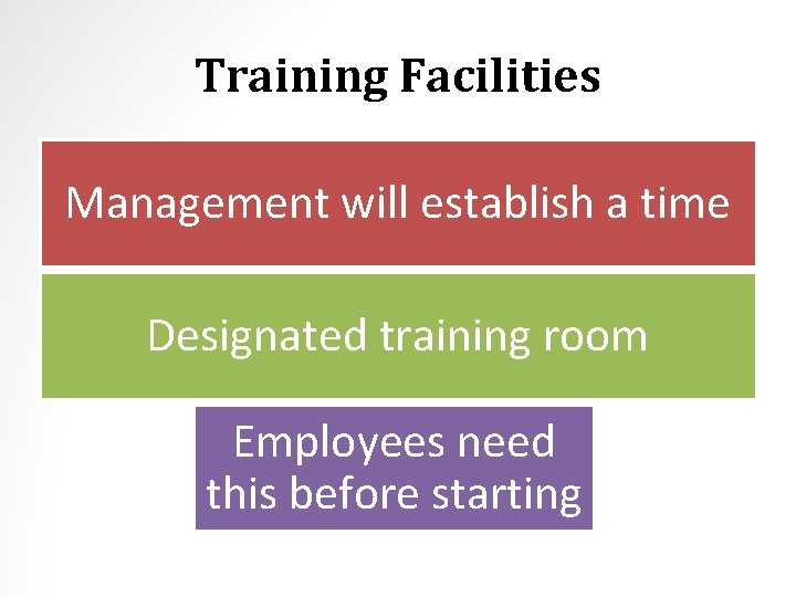 Training Facilities Management will establish a time Designated training room Employees need this before