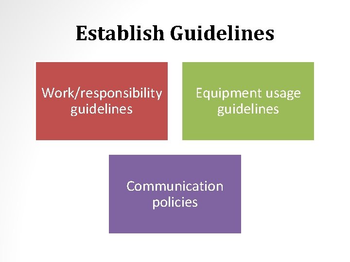 Establish Guidelines Work/responsibility guidelines Equipment usage guidelines Communication policies 