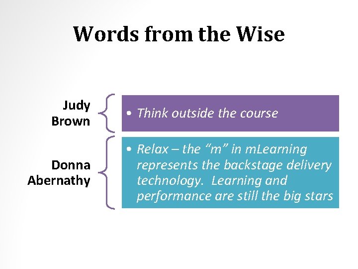 Words from the Wise Judy Brown Donna Abernathy • Think outside the course •