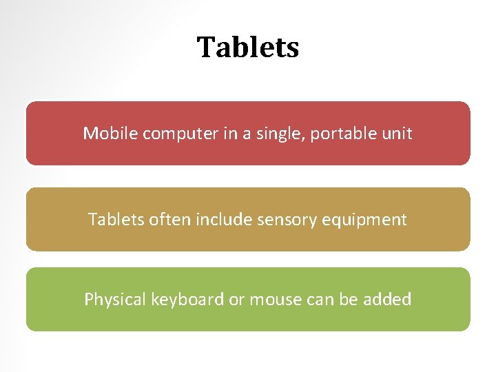 Tablets Mobile computer in a single, portable unit Tablets often include sensory equipment Physical