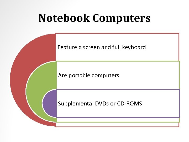 Notebook Computers Feature a screen and full keyboard Are portable computers Supplemental DVDs or