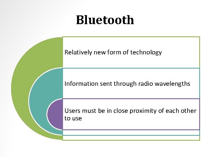 Bluetooth Relatively new form of technology Information sent through radio wavelengths Users must be