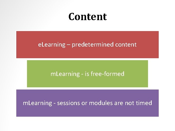 Content e. Learning – predetermined content m. Learning - is free-formed m. Learning -