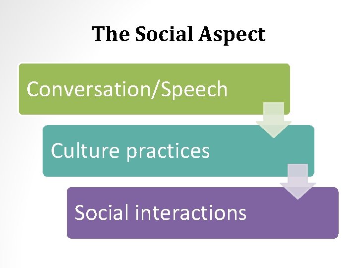 The Social Aspect Conversation/Speech Culture practices Social interactions 