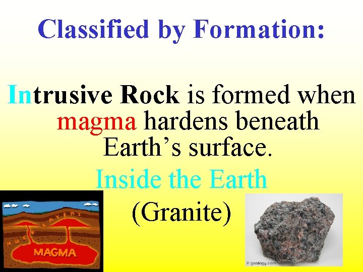 Classified by Formation: Intrusive Rock is formed when magma hardens beneath Earth’s surface. Inside