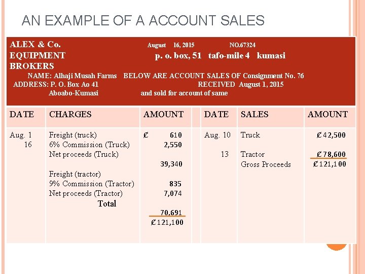 AN EXAMPLE OF A ACCOUNT SALES ALEX & Co. EQUIPMENT BROKERS August 16, 2015 AN EXAMPLE OF A ACCOUNT SALES ALEX & Co. EQUIPMENT BROKERS August 16, 2015