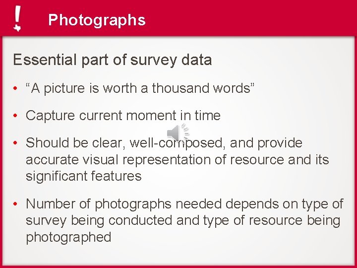 Photographs Essential part of survey data • “A picture is worth a thousand words”