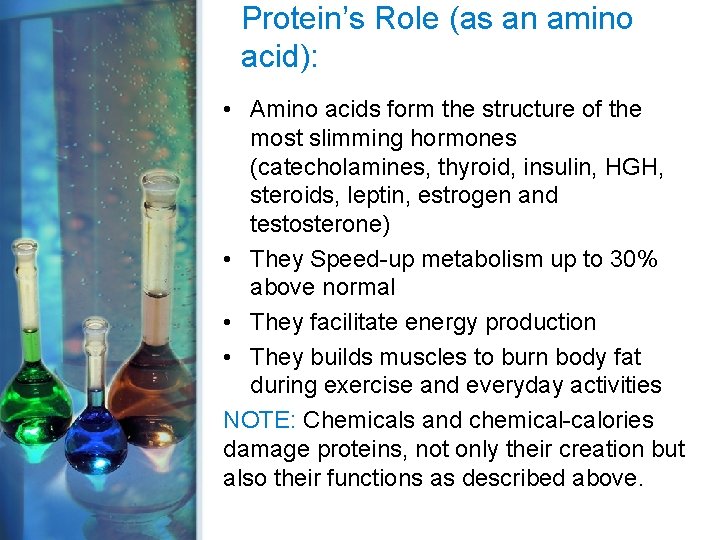 Protein’s Role (as an amino acid): • Amino acids form the structure of the