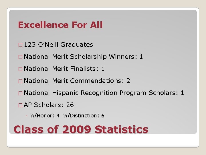 Excellence For All � 123 O’Neill Graduates � National Merit Scholarship Winners: 1 �