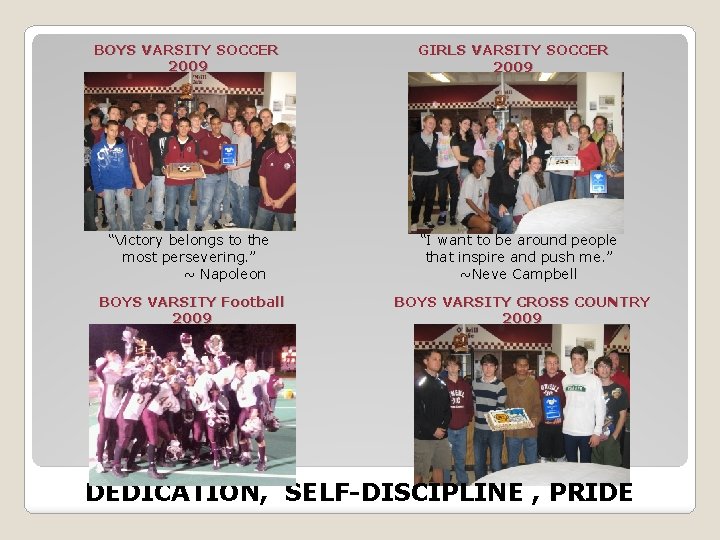 BOYS VARSITY SOCCER 2009 GIRLS VARSITY SOCCER 2009 “Victory belongs to the most persevering.