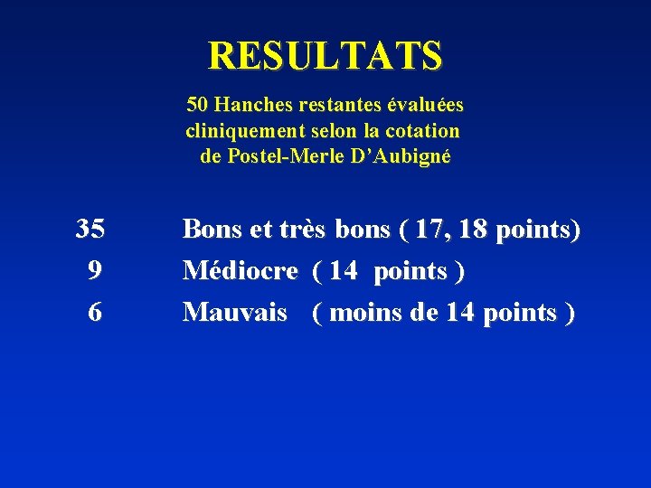 RESULTATS 50 Hanches restantes évaluées cliniquement selon la cotation de Postel-Merle D’Aubigné 35 9