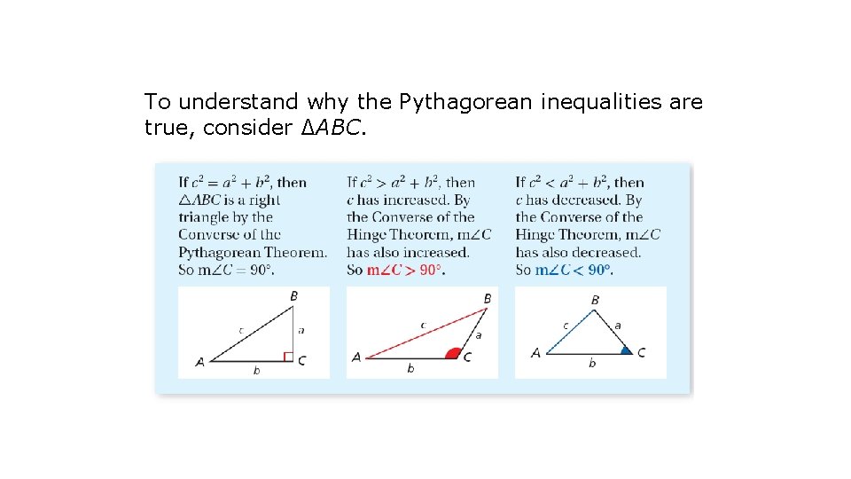 To understand why the Pythagorean inequalities are true, consider ∆ABC. 